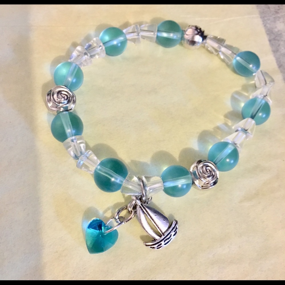 Blue glass beaded crystal heart sailboat bracelet